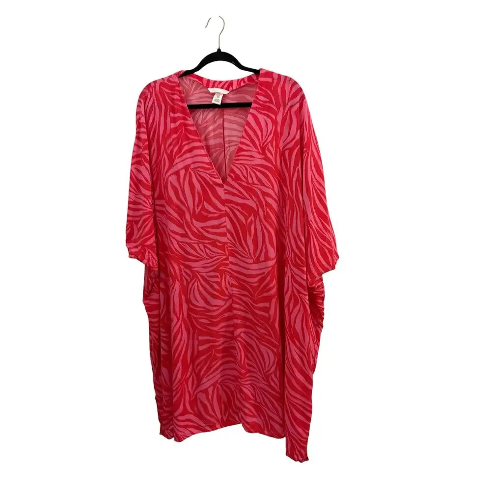 H&M Striped Beach Cover Up Red & Pink V-neck Boho Kaftan M/L 100% Viscose Resort